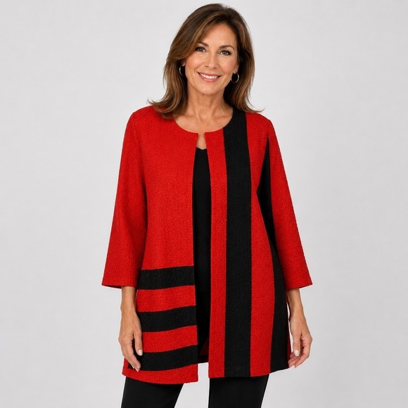 berek Sweaters - Berek Long Cardigan Jacket Womens XL Red Avant Garde Crinkle Open Artwear Travel